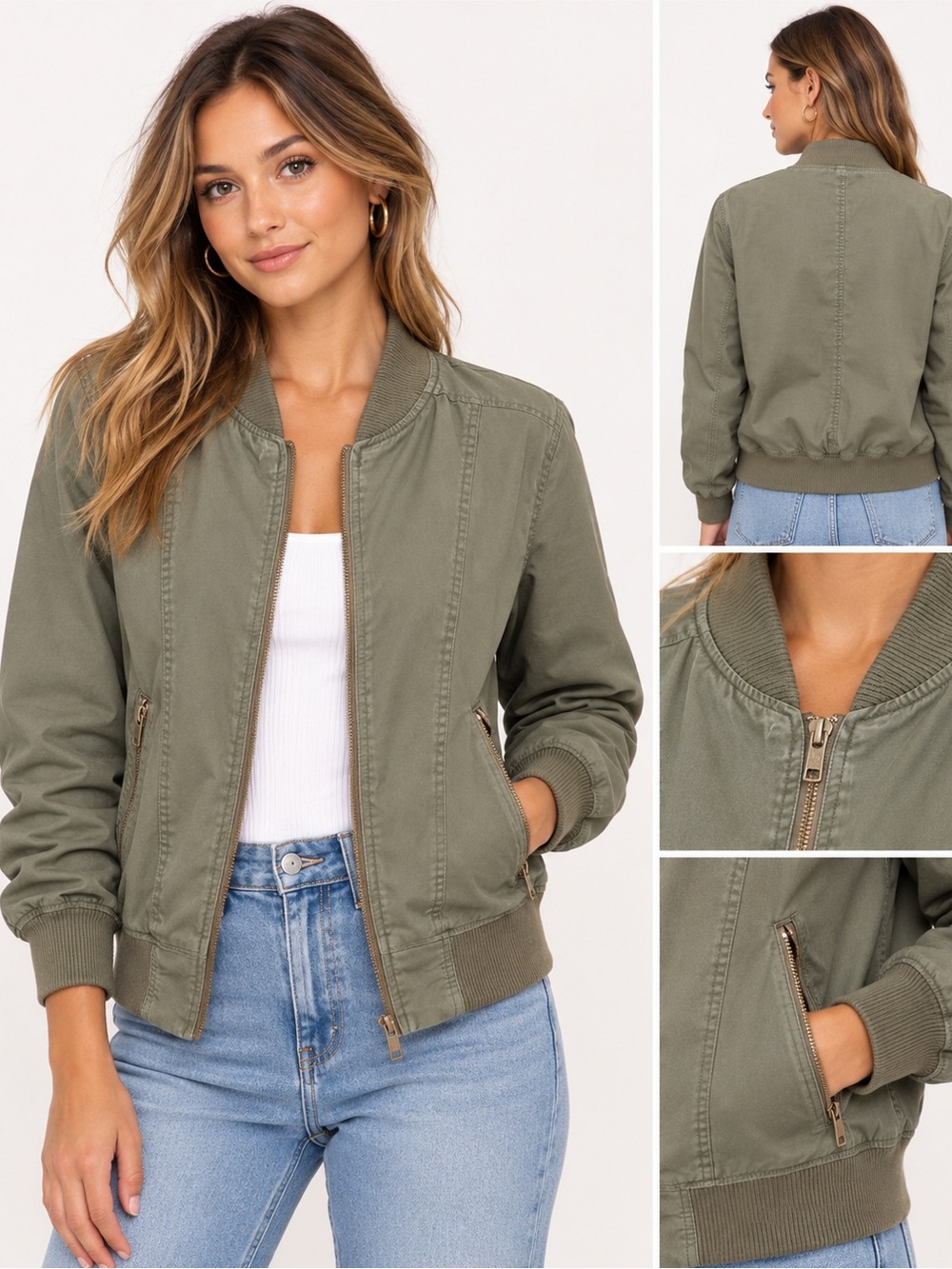 Ambiance Women’s Olive Green Cotton Bomber Jacket Size L
